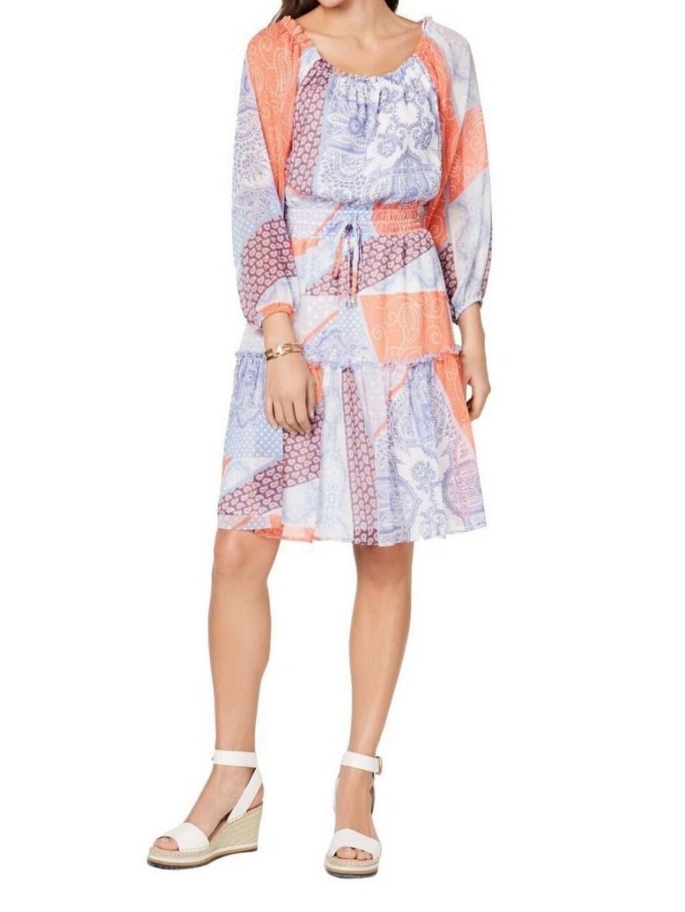 TOMMY HILFIGER Women's Printed Smocked Blouson A-Line Dress TEDO